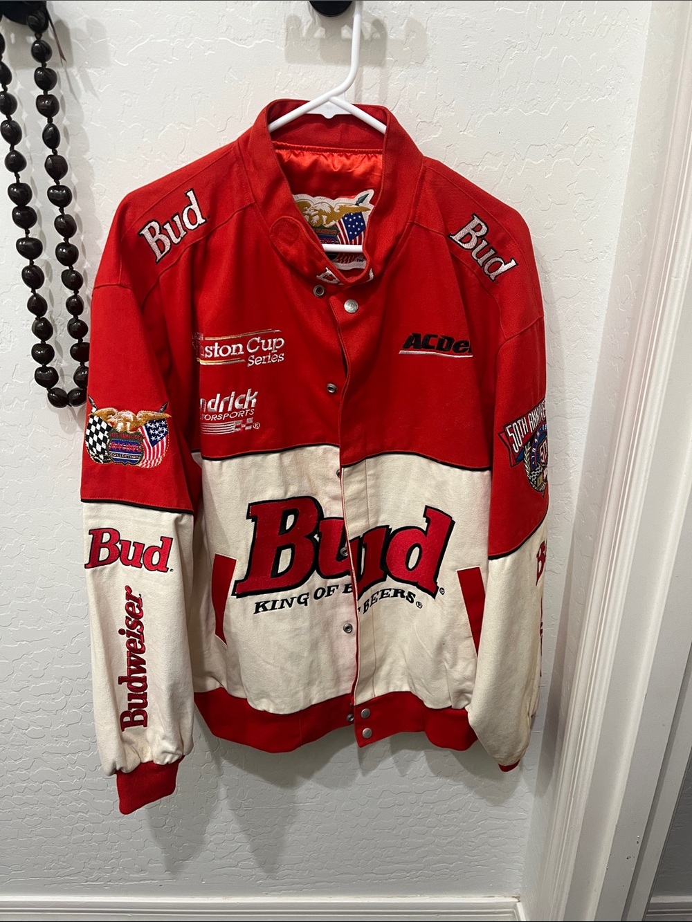 Budweiser Red and White Racing-Style Bomber Jacket nascar